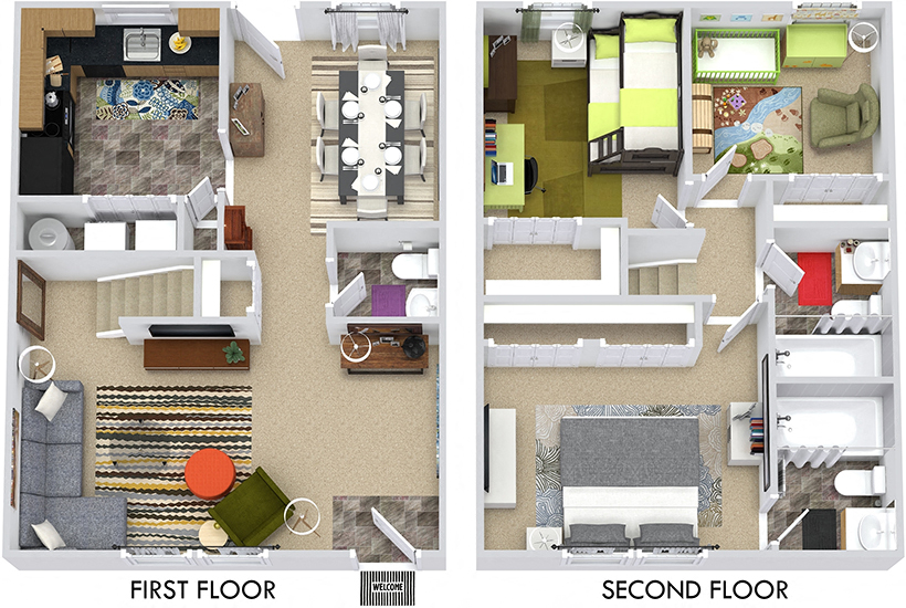 Floor plan for 3 beds, 2.5 baths, 1200 sqft